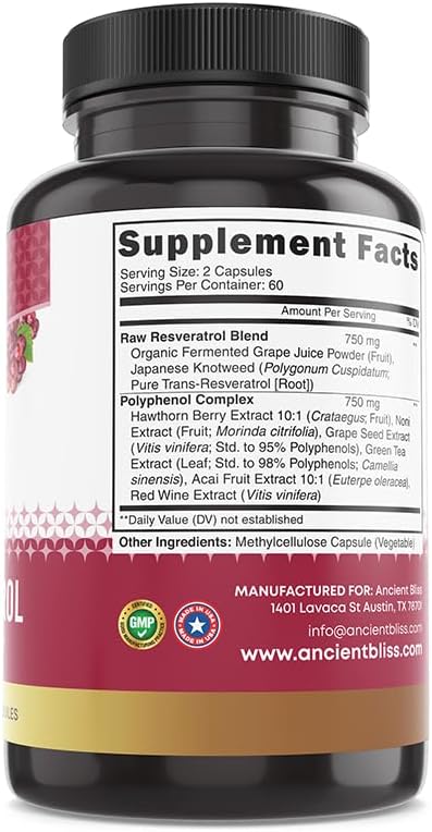 Ancient Bliss Resveratrol Powerful Antioxidant Supplement with Green Tea, Grape Seed Extract for Healthy Aging for Men & Women