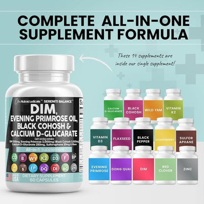 Clean Nutraceuticals DIM Evening Primrose Black Cohosh Calcium D-Glucarate Sulforaphane Flax Seed Extract - Hormonal Support Vitamins for Women with Dong Quai - 60 Caps