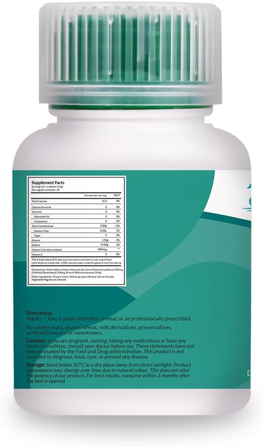 SuperGreen Spirulina Complex - Superfoods (Spirulina grown in Hawaii, Chlorella & Brocolli), Supports Metabolism & Energy Boost and the body's natural detoxification process 500mg, 180 tabs