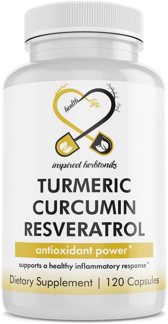 Turmeric Curcumin Resveratrol Nutritional Supplement, Antioxidant Properties, Supports Good Inflammation and Immune System, 120 Vegan Capsules