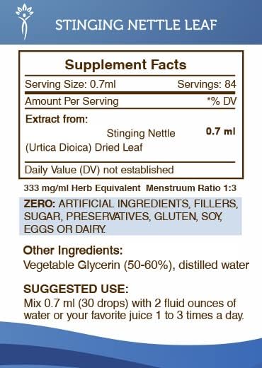 Secrets of the Tribe Stinging Nettle Leaf Alcohol-Free Tincture (Glycerite) 694 mg Stinging Nettle (Urtica Dioica) Dried Leaf (2 Fl Oz) Allergy Relief Supplement