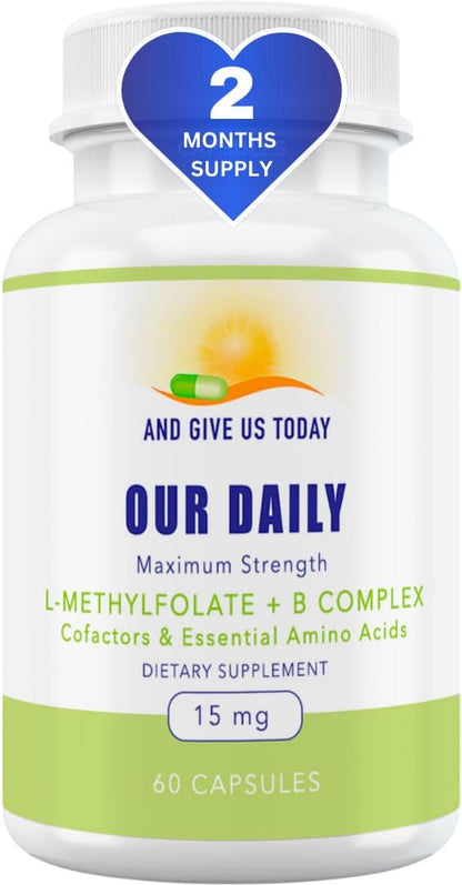 Our Daily Vites L-Methylfolate B Complex Cofactors & Essential Amino Acids (15mg) - Active Folate, Methylated B12 Methylcobalamin, B6 and Glycine - 60 Count