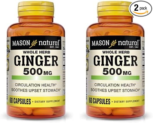 MASON NATURAL Whole Herb Ginger 500 mg, Natural Herbal Supplement, 60 Capsules (Pack of 2)
