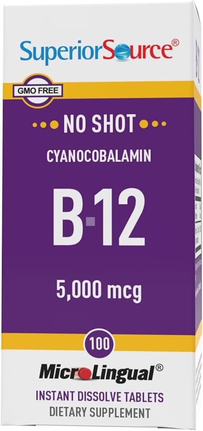Superior Source No Shot Vitamin B-12 Cyanocobalamin 5000 mcg - Vitamin B-12 to Support Energy Production, Brain Health & Overall Wellness - Sublingual Tablets - 100 Dissolvable Tablets