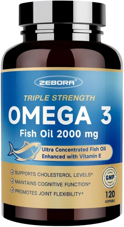Triple Strength Omega-3 Fish Oil 2000mg with Vitamin E – Ultra High-Potency EPA, DHA & DPA Fatty Acids – Supports Heart, Brain, Eye, Skin & Immune Health – Non-GMO, 120 Softgels