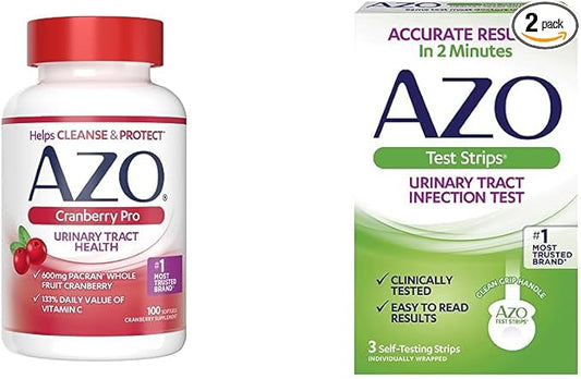 AZO Cranberry Pro Urinary Tract Health Supplement 600mg PACRAN, 1 Serving = More Than 1 Glass of Cranberry Juice 100 CT + Urinary Tract Infection (UTI) Test Strips, Accurate Results in 2 Minutes, 3 CT