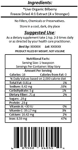 (TM Pure Premium Freeze Dried Organic Bilberry 4:1 Powder Extract Concentrate SuperFood Powder (4 x Stronger) 16oz Pouch