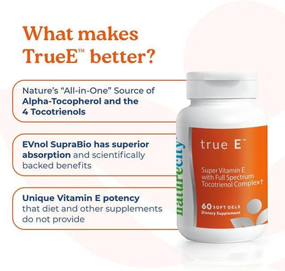 NatureCity True-E Full Spectrum Tocotrienols Vitamin E & Natural Alpha Tocopherol Supplement | Sustainable Tocotrienols from Evnol Suprabio | Non-GMO Vitamin E Complex | 120 Soft gels
