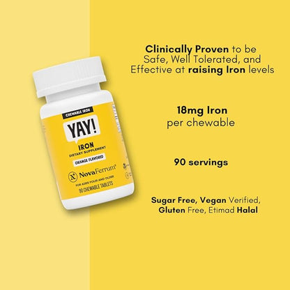 NovaFerrum Yay | Chewable Iron Supplement for Kids & Adults for Anemia | 18mg of Iron | 90 Servings | Sugar Free | Vegan | Gluten Free | Orange Flavor