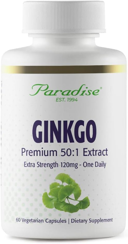 Paradise Herbs Ginkgo Biloba Extract, Super Potent, Ultra Pure, Vegan, Non GMO, Gluten Free, 60 Vegetarian Capsules