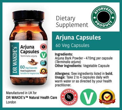 DR WAKDE's Arjuna Capsules (Terminalia arjuna) | 60 Veg Caps | Ayurvedic Supplement | Vegan | 100% Herbal | Quantity Discounts | Same Day Dispatch