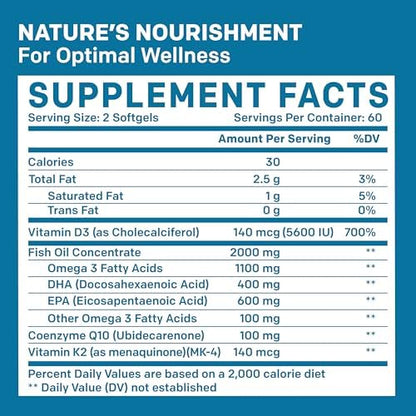 5-in-1 Fish Oil Omega 3 Supplements (2100mg) - Omega 3 Fish Oil with Vitamins D3 & K2 and CoQ10 - EPA DHA Omega 3 Supplement - Lemon Flavored Omega 3 Fatty Acid Supplements, Pack of 2