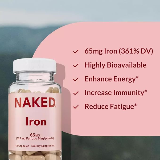 Naked Iron 65mg, 325mg Ferrous Bisglycinate - High Potency Iron Supplement for Iron Deficiency, Cellular Energy Support, Promotes Healthy Red Blood Cell Production, Non-GMO, Gluten-Free, 60 Capsules