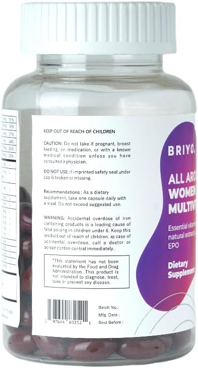 Briyo All Around Women - 38 nutrients (Essential Vitamins, Minerals, Natural extracts, Amino acids, Primrose Oil) - 90 Capsules