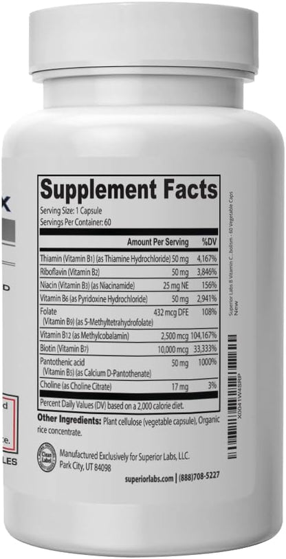 Superior Labs B Vitamin Complex - Superior Absorption - 100% NonGMO Safe from Additives, Stearates, Gluten and Other Allergens - Regulate Digestive System and Support Metabolism - 60 Vegetable Caps