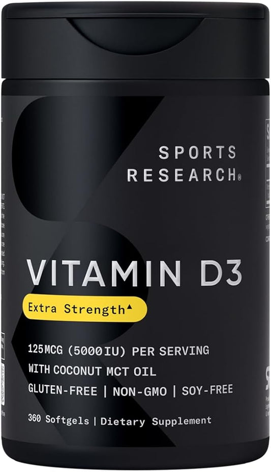Sports Research Vitamin D3 5000iu (125mcg) with Coconut Oil ~ High Potency Vitamin D for Immune & Bone Support ~ Non-GMO Verified, Gluten & Soy Free (360 Mini-Liquid Softgels)