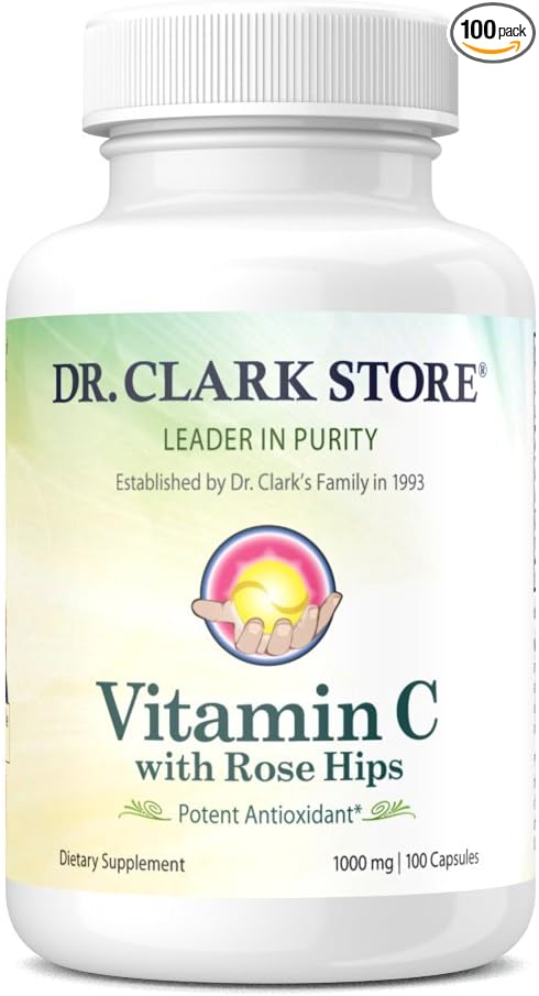 Dr. Clark Vitamin C with Rose HIPS Supplement – 1000mg, 100 Gelatin Capsules, Immune Support & Antioxidant Protection