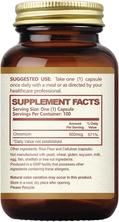 Chromium Picolinate 500 mcg,Chromium Supplements,Non-GMO, Gluten Free,100 Veg Capsules