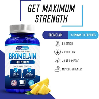 We Like Vitamins Bromelain 500mg Capsules - 1200 GDU/Serving - Bromelain Supplement from Pineapple Extract - Proteolytic Enzymes for Digestion, Absorption, Joint Pain, Muscle Soreness - 180 Capsules