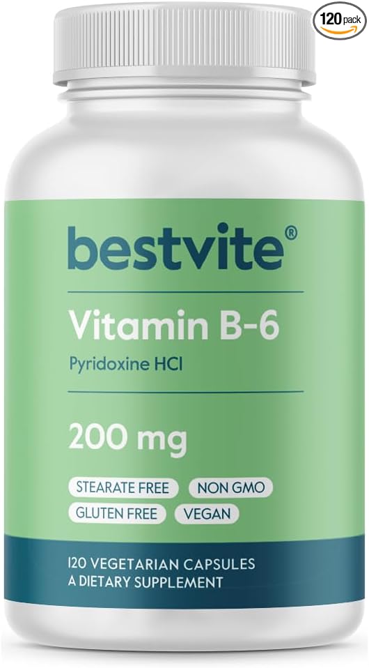 BESTVITE Vitamin B-6 200mg (120 Vegetarian Capsules) - No Stearates - No Flow Agents - Vegan - Non GMO - Gluten Free