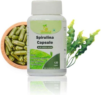 Spirulina Capsules 120 Veggie Capsule Blue Green Algae Supplement 450mg with Piperine for Enhanced Absorption Rich in Chlorophyll, Amino Acids, Vitamins & Minerals