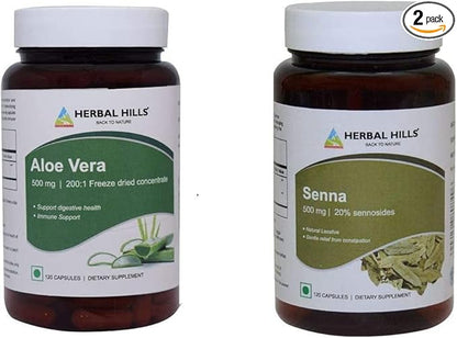 HERBAL HILLS Senna Capsules 120 & Aloe Vera Capsules 120 Count for Healthy Digestion and Detoxification Combo (Pack of 2) 240 Count