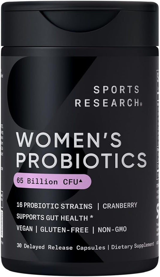Sports Research Probiotics with Prebiotics & Cranberry | Women's Probiotic Blend with 65 Billion CFU at Expiration | Gluten Free, Non-GMO Verified & Vegan Certified (30 Count)