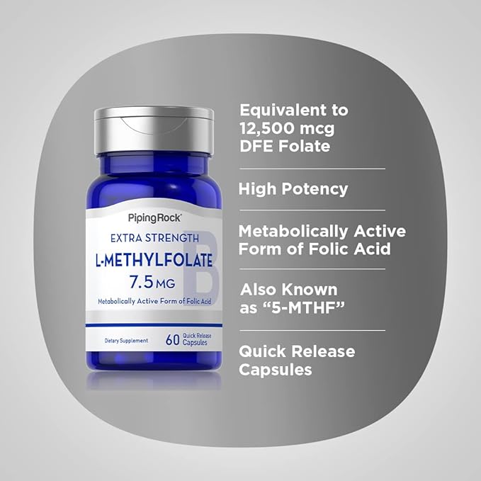 Piping Rock L-Methylfolate 7.5 mg | 60 Capsules | Extra Strength Supplement | Active Folic Acid | Non-GMO, Gluten Free