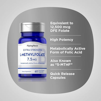 Piping Rock L-Methylfolate 7.5 mg | 60 Capsules | Extra Strength Supplement | Active Folic Acid | Non-GMO, Gluten Free