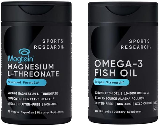 Sports Research® Brain Health Pack - Triple Strength Omega 3 Fish Oil - Burpless Fish Oil Supplement w/EPA & DHA Fatty Acids & Magtein Magnesium L-Threonate Supplement for Memory, Focus, Sleep & Mood
