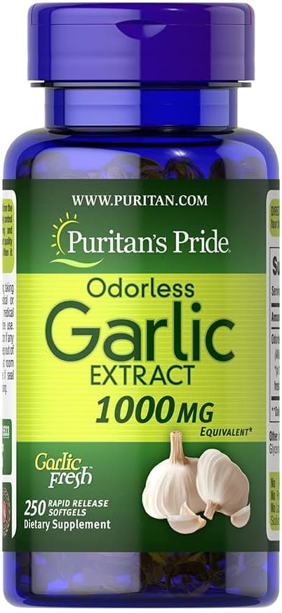 Puritan's Pride Premium Odorless Garlic Fresh 10 mg (1000mg Equivalent), Traditional Herb Dietary Supplement for Heart and Circulation Support with Antioxidant Properties, 250 Rapid Release Softgels
