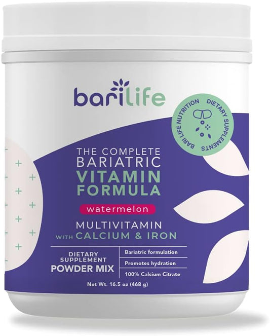 Bari Life Complete Bariatric Multivitamin with Iron - Dietary Supplement Powder Mix, Calcium Citrate, Multivitamin, Iron - Bariatric Vitamins for Gastric Sleeve Patients (Watermelon, 60 Servings)