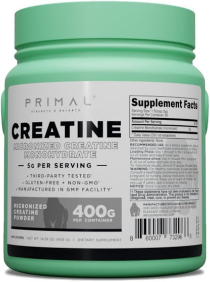 Primal Creatine Monohydrate Powder (400 Grams) | Unflavored Micronized Creatine Muscle Development Supplement for Pre-Workout & Recovery | 5g Creatine Monohydrate per Serving