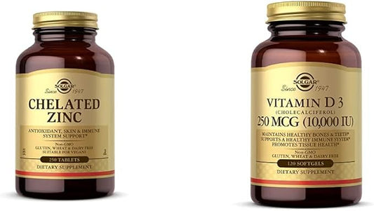 Solgar Chelated Zinc, 250 Tablets - Zinc for Healthy Skin - Supports Cell Growth & DNA Formation - E with Vitamin D3 (Cholecalciferol) 250 MCG (10,000 IU), 120 Softgels - Helps Maintain Healthy Bones