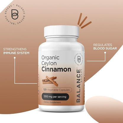 Balancebreens Certified Organic Ceylon Cinnamon 1200mg Supplement - 120 Veg Capsules - Heart, Brain and Joint Function Support - No Filler Pills (Pack of 6)