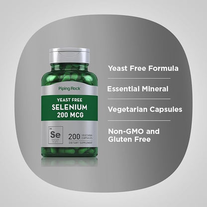 Piping Rock Yeast Free Selenium 200mcg | 200 Capsules | Vegetarian, Non-GMO, Gluten Free Formula