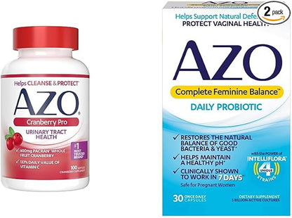 AZO Cranberry Pro Urinary Tract Health Supplement 600mg PACRAN, 1 Serving = More Than 1 Glass of Cranberry Juice 100 CT + Complete Feminine Balance Daily Probiotics for Women 30 Count