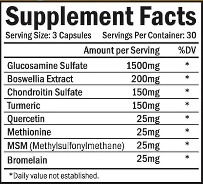 Joint Supplement with Glucosamine Chondroitin Turmeric MSM Boswellia Bromelain & Quercetin.Promotes Joint Health. 90 Capsules. Made in USA