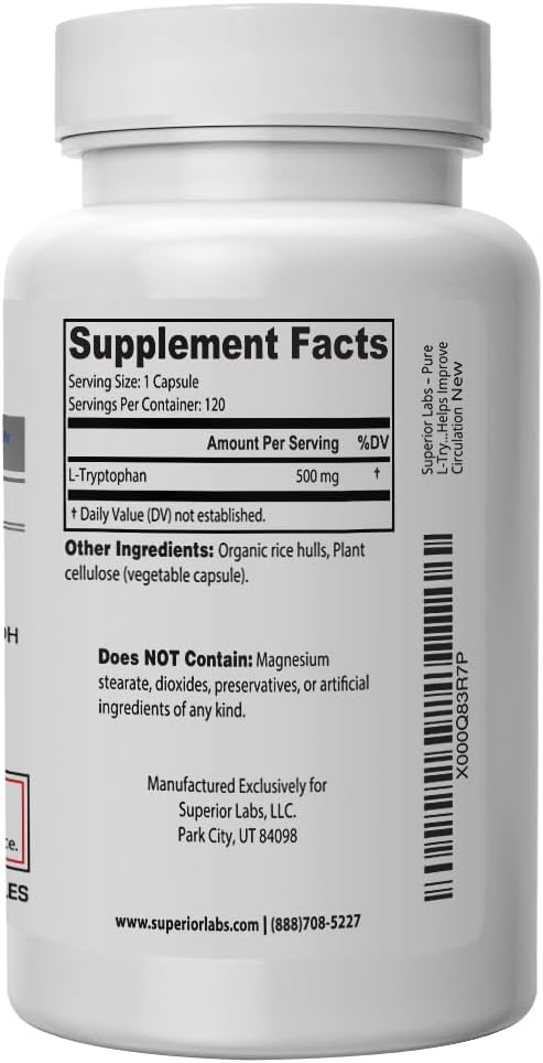 Superior Labs – Pure L-Tryptophan – 500mg, 120 Vegetable Capsules – Non-GMO Dietary Supplement for Restful Sleep & Relaxation – Supports Feelings of Well Being and Healthy Circulation Circulation