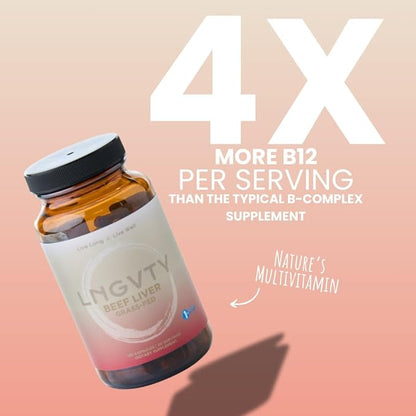 LNGVTY Grass Fed Beef Liver Capsules | Desiccatted Liver Supplement | 120 Pills, 750mg | Natural Iron, Vitamin A, B12 for Energy and Optimal Health | Humanely Pasture Raised Undefatted in New Zealand