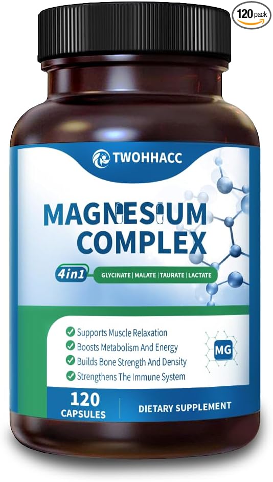 Magnesium Complex Supplement 120 Capsules of Magnesium Glycinate Malate Taurate Lactate Chelated and Purified Bone Heart Sleep Support 240 mg