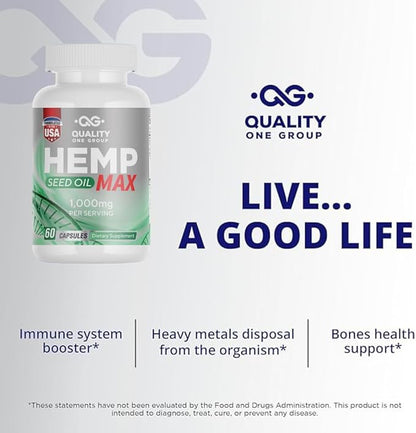 Hemp Seed Oil Capsules 1000mg with Triple Omega 3 6 9 | Organic Supplement with Essential Fatty Acids for Joint Support Relaxing Mood and Skin Health - 60 Liquid Vegan Capsules, Non-GMO, Made in USA.