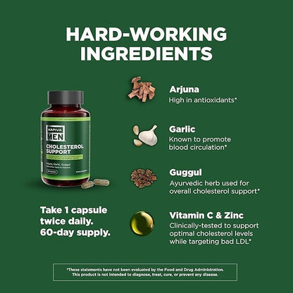 Cholesterol Support Supplement with Arjuna, Garlic, Guggul, Male Vigor Blend, and Other Herbs and Vitamins, Supports Normal Cholesterol Levels, 30 Day Supply, 60 Capsules