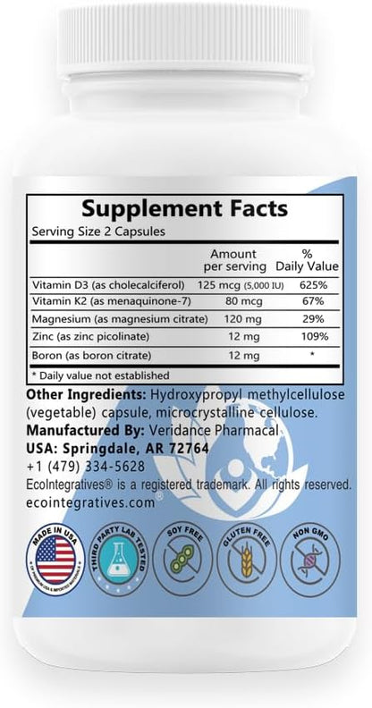 D3 Plus Boron Vitamin K2 Magnesium Zinc Supports Cardiovascular Nerves Muscles Bone Teeth Gums Immune Health Tissue Repair Balance Hormones Metabolism 60 Vegan caps