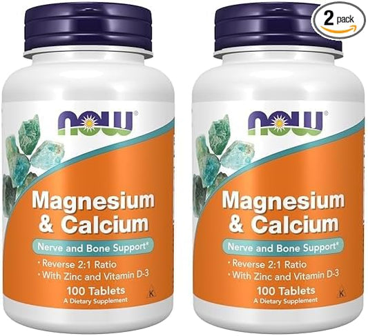 NOW Supplements, Magnesium & Calcium, with Zinc and Vitamin D-3, Nerve and Bone Support*, 100 Tablets (Pack of 2)