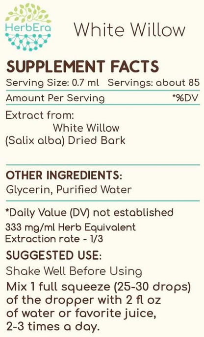 White Willow B60 Alcohol-Free Herbal Extract Tincture, Concentrated Liquid Drops Natural White Willow (Salix Alba) Dried Bark 2 fl oz