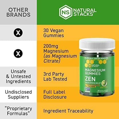 Zen Magnesium Gummies - 200mg Magnesium Citrate & 125mg Sensoril Ashwagandha Gummies - with L Theanine for Calm & Stress Support - Mag Citrate and Ashwagandha Supplement - 30 Green Apple Chewables