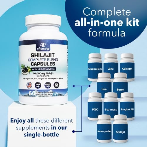 Pure Himalayan Shilajit for Men & Women - Boost Stamina, Athleticism, Support Metabolism & Energy | 10,000mg Shilajit Ashwagandha Supplements + Irish Sea Moss, Tongkat Ali, PQQ & More - 60 Capsules