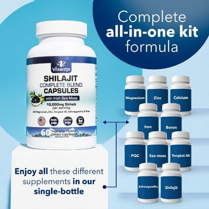 Pure Himalayan Shilajit for Men & Women - Boost Stamina, Athleticism, Support Metabolism & Energy | 10,000mg Shilajit Ashwagandha Supplements + Irish Sea Moss, Tongkat Ali, PQQ & More - 60 Capsules