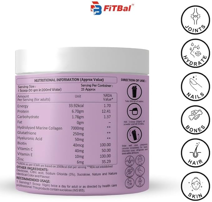 Marine Hydrolysed Collagen & Glutathione Powder – 7g Collagen per Serving with Biotin, Vitamin C & E for Improve Skin Health